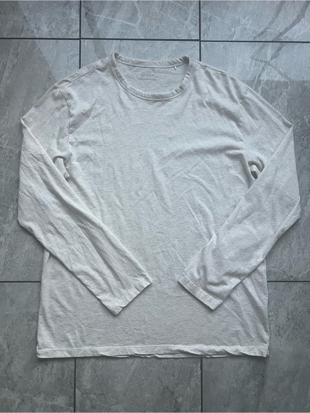 Quince 100% Cotton Luxe Touch Long Sleeve Tee Heather Oatmeal Crew Neck Sz L
